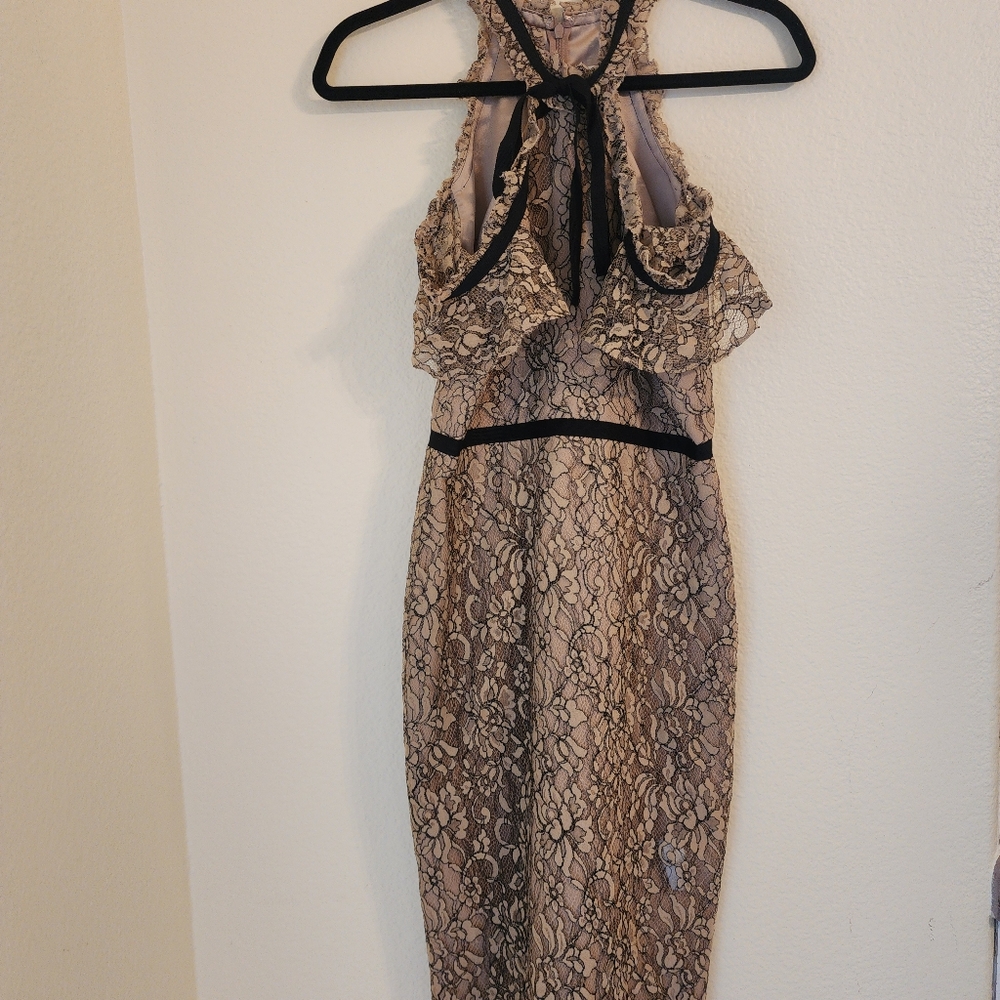 SHOSHANNA Nude Aleah Lace Cold Shoulder Dress Beige Shell, Black Lace, Tie Bow